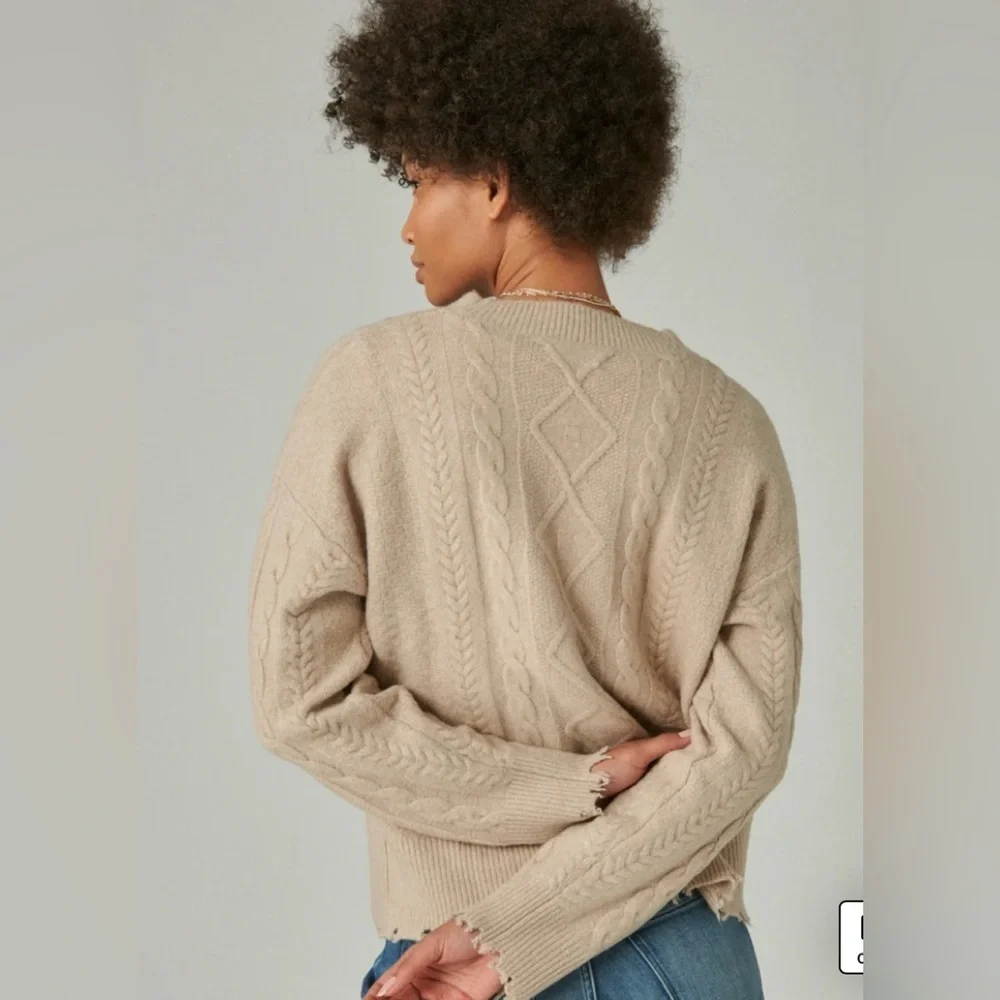 Lucky Brand Cable Knit Cardigan Sweater Distressed Hem SZ M Light Camel Tan